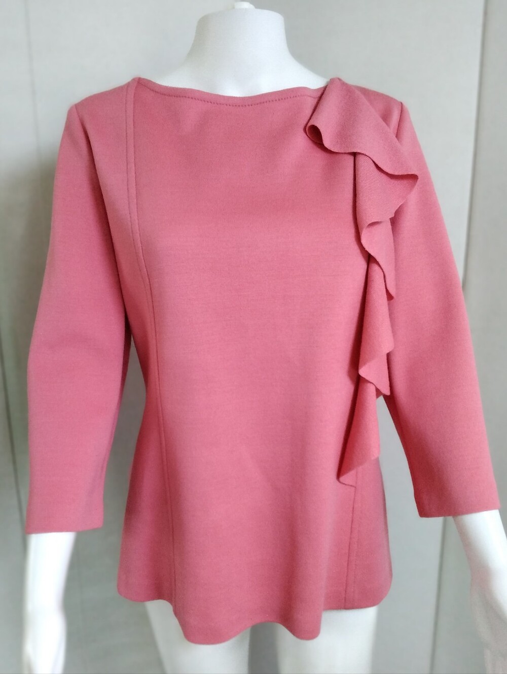 ST. JOHN Old Money Peachy Pink Wool Blend Side Ruffle 3/4 Sleeve Top Sz 14